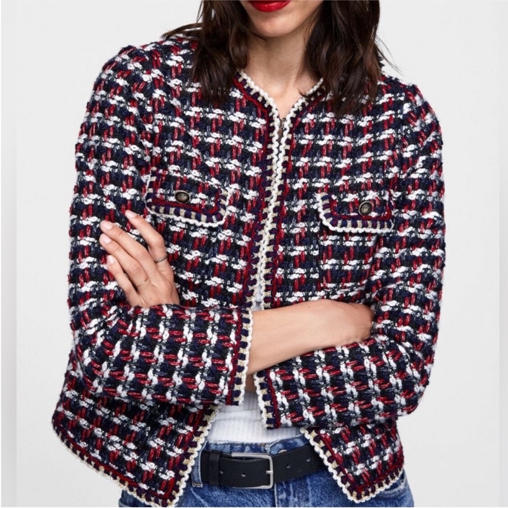 Zara Navy, Red & White Tweed Cropped Blazer - Picture 1 of 8